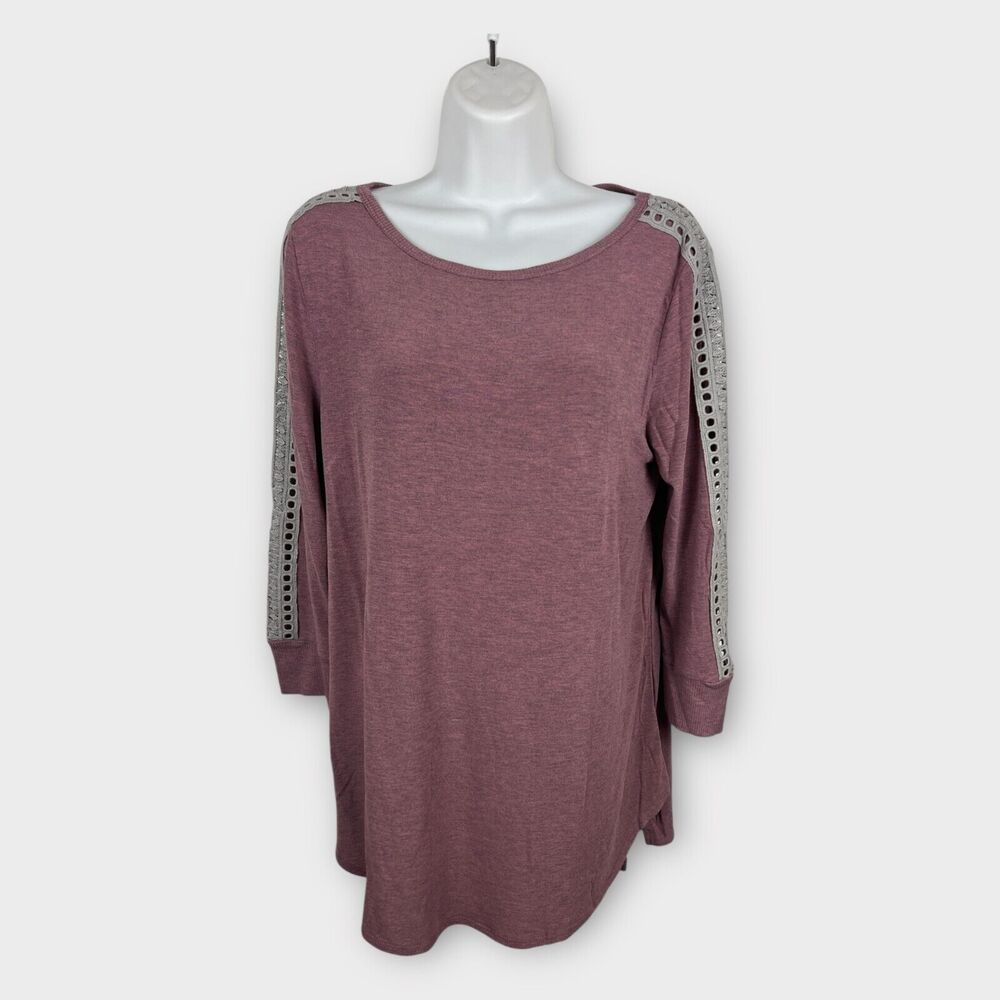 Soft Surroundings Womens Cassidie Tee Sz Medium Pink Crochet 3/4 Sleeve Rayon‎